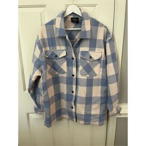 HFX Ladies Blue & White Plaid Flannel Snap Up Shacket Sz M EUC